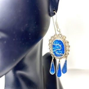 Vintage Mexico Alpaca Earrings Southwestern Silver Drip Drop Dangle Blue